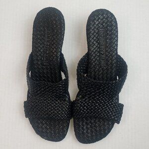 NWOT Robert Zur Tamara Black Woven Leather Slip On Wedge  Sandals